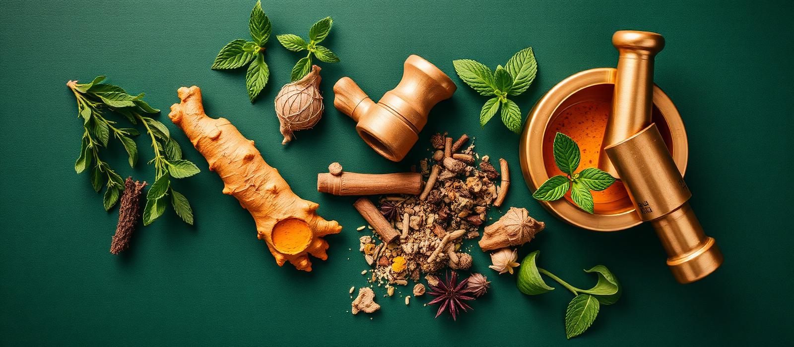 Ayurvedic herbs, turmeric root, tulsi leaves and a brass mortar and pestle on a deep green background
